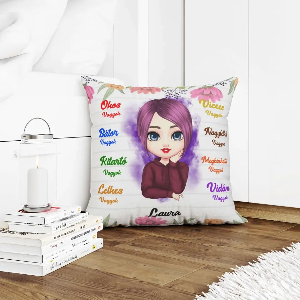 Egyedi tulajdonságok női és férfi karakterekkel párna