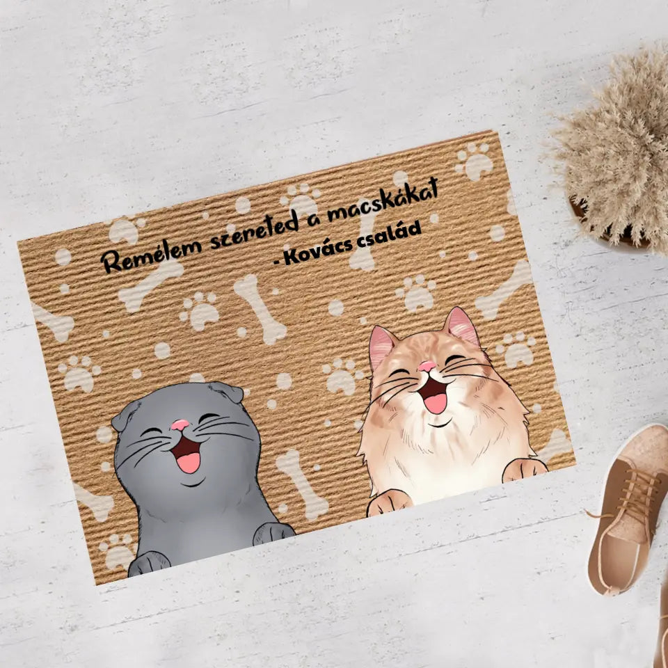 Remélem szereted a macskákat egyedi lábtörlő - macskával és kutyával