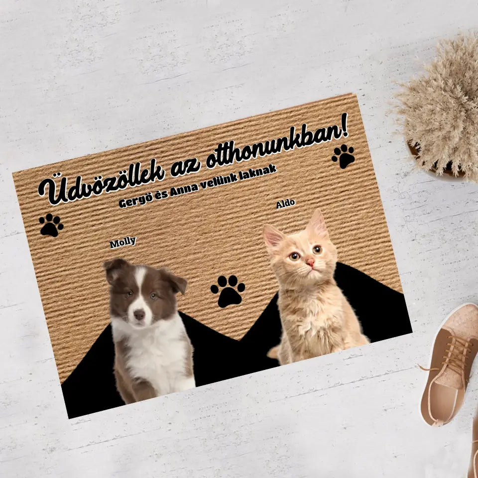 Egyedi fényképes Üdvözöllek az otthonunkban lábtörlő egyedi kutyával vagy macskával - akár 5 házi kedvenc