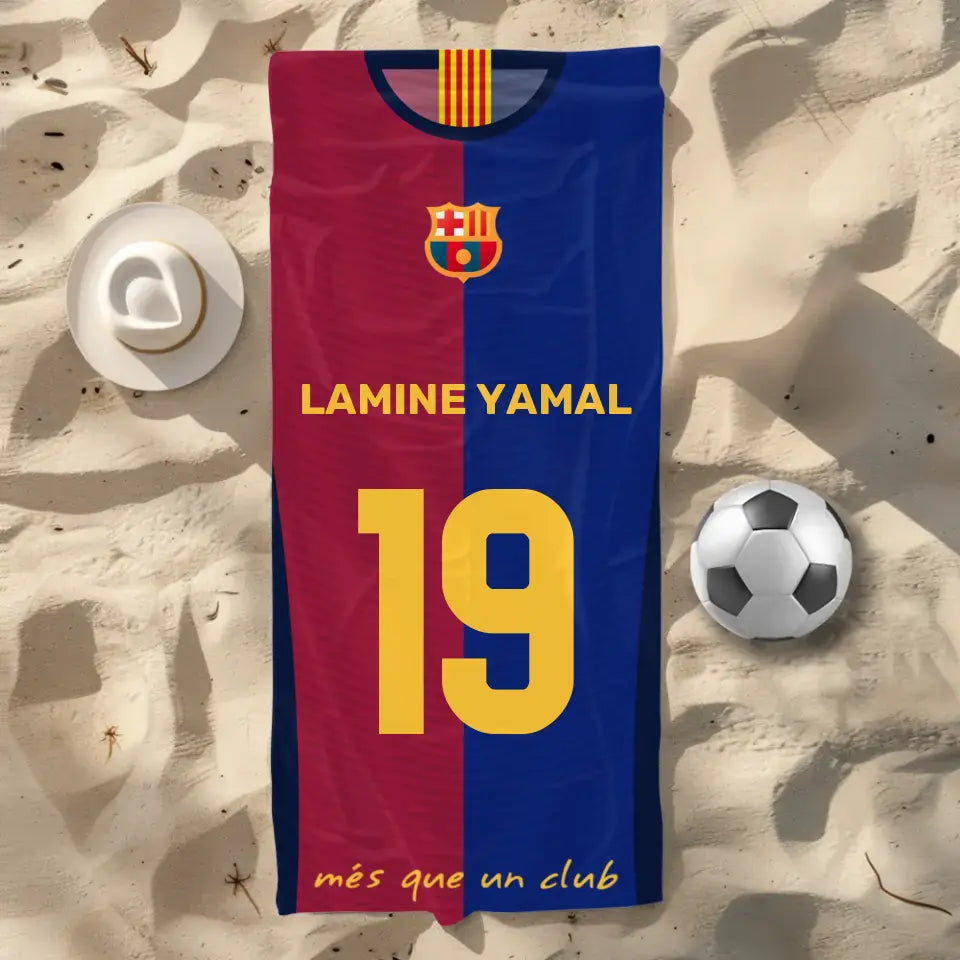 Egyedi Barcelona 2024-25 strandtörülköző - névvel és számmal