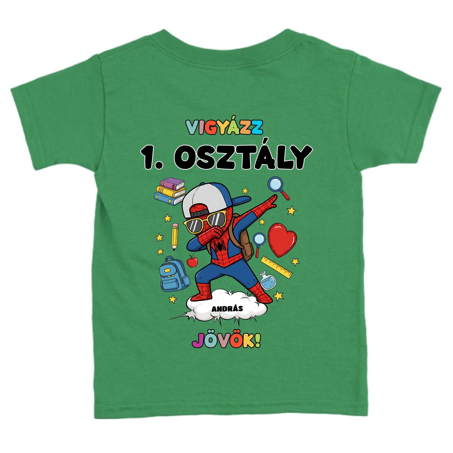 Egyedi vigyázz osztály jövök gyerek póló - szuperhős karakterrel