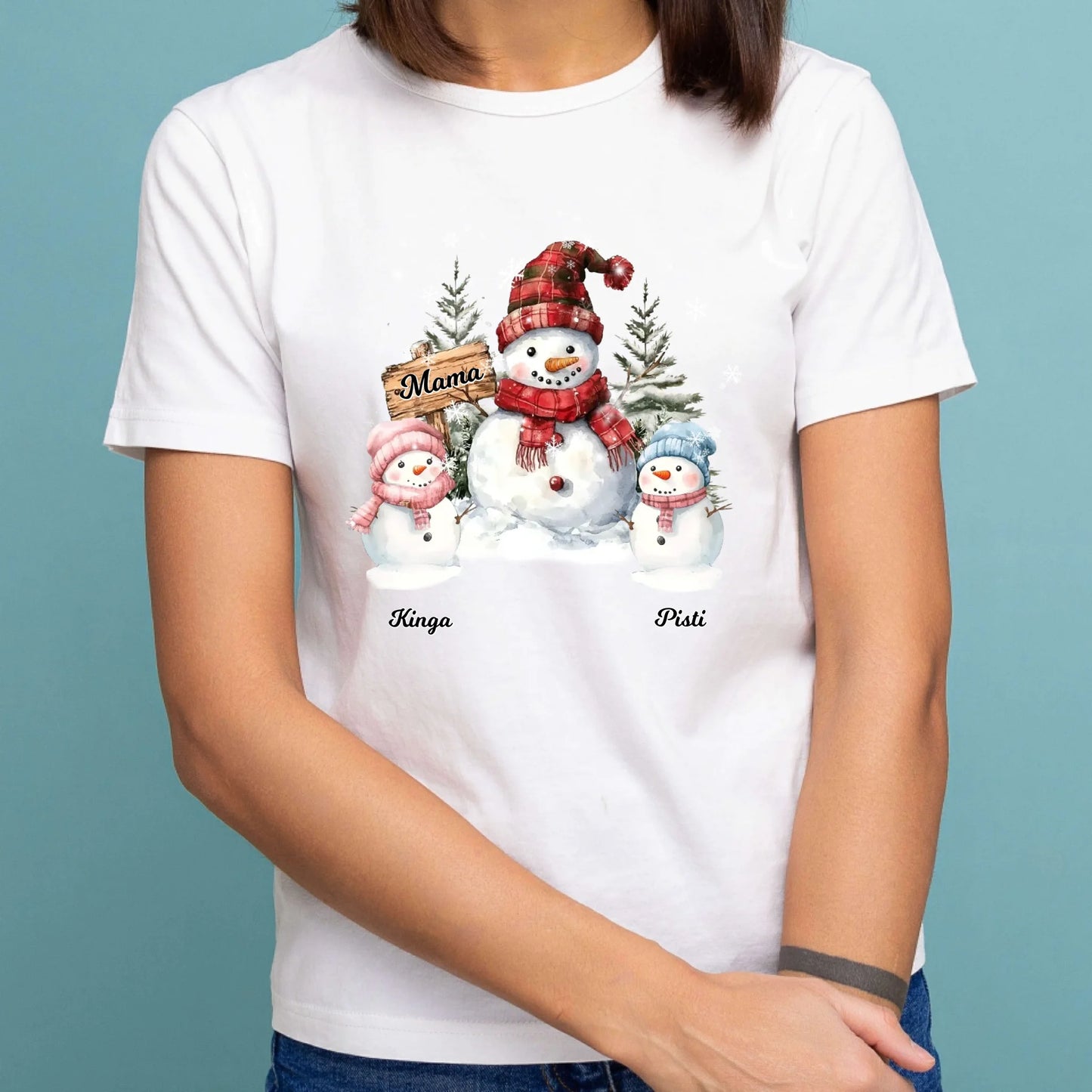 Egyedi mamás, anyás hóember és gyerekei - női póló