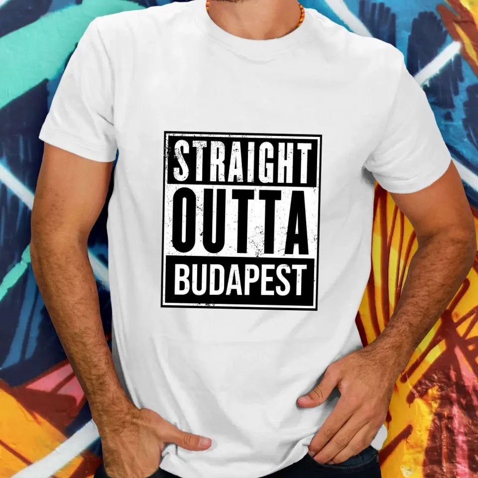 Straight outta egyedi várossal póló - férfi