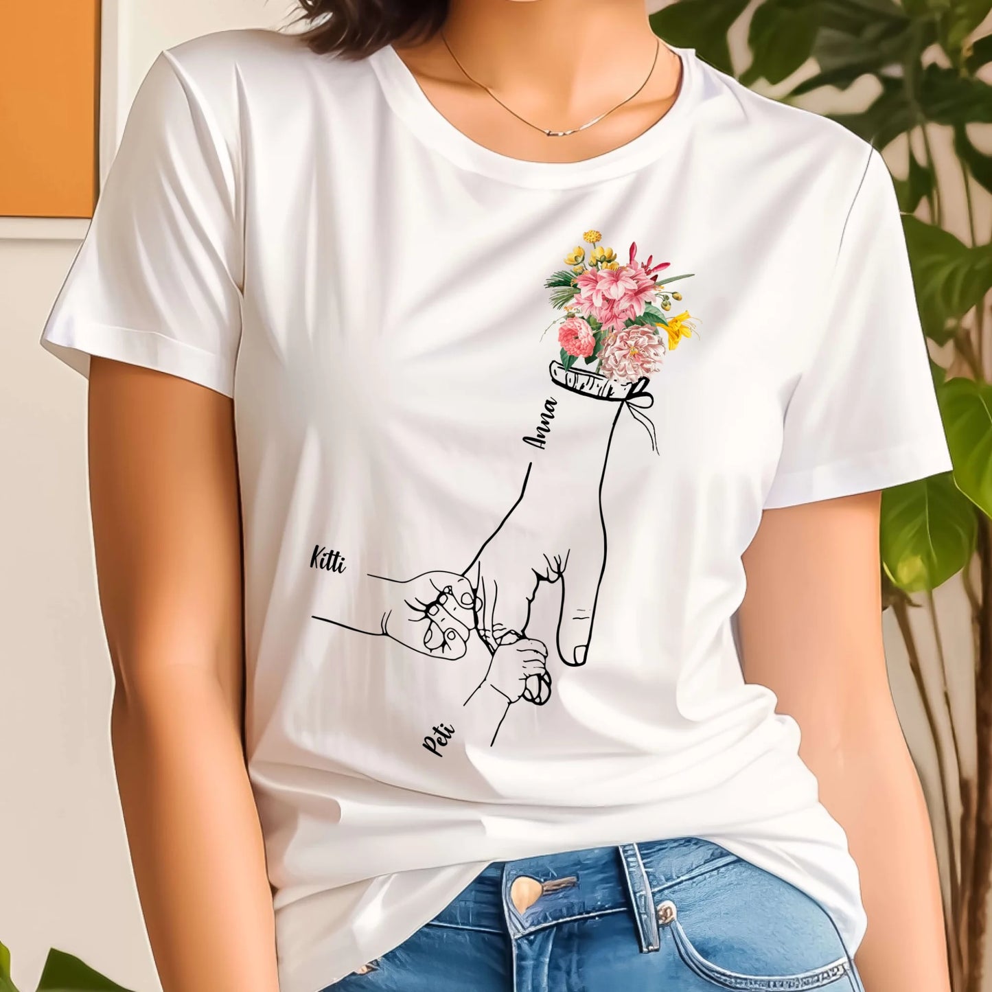 Anya és gyerekei kézen fogva virággal akár 5 gyerekkel női póló