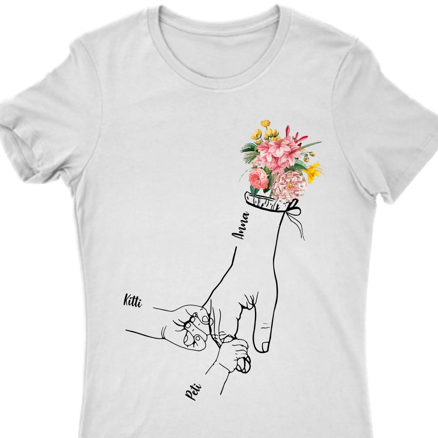 Anya és gyerekei kézen fogva virággal akár 5 gyerekkel női póló