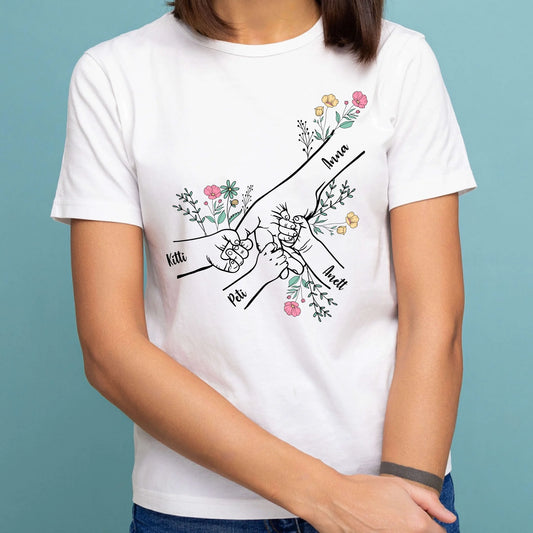 Egyedi virágos anya és gyerekei kézen fogva - női póló