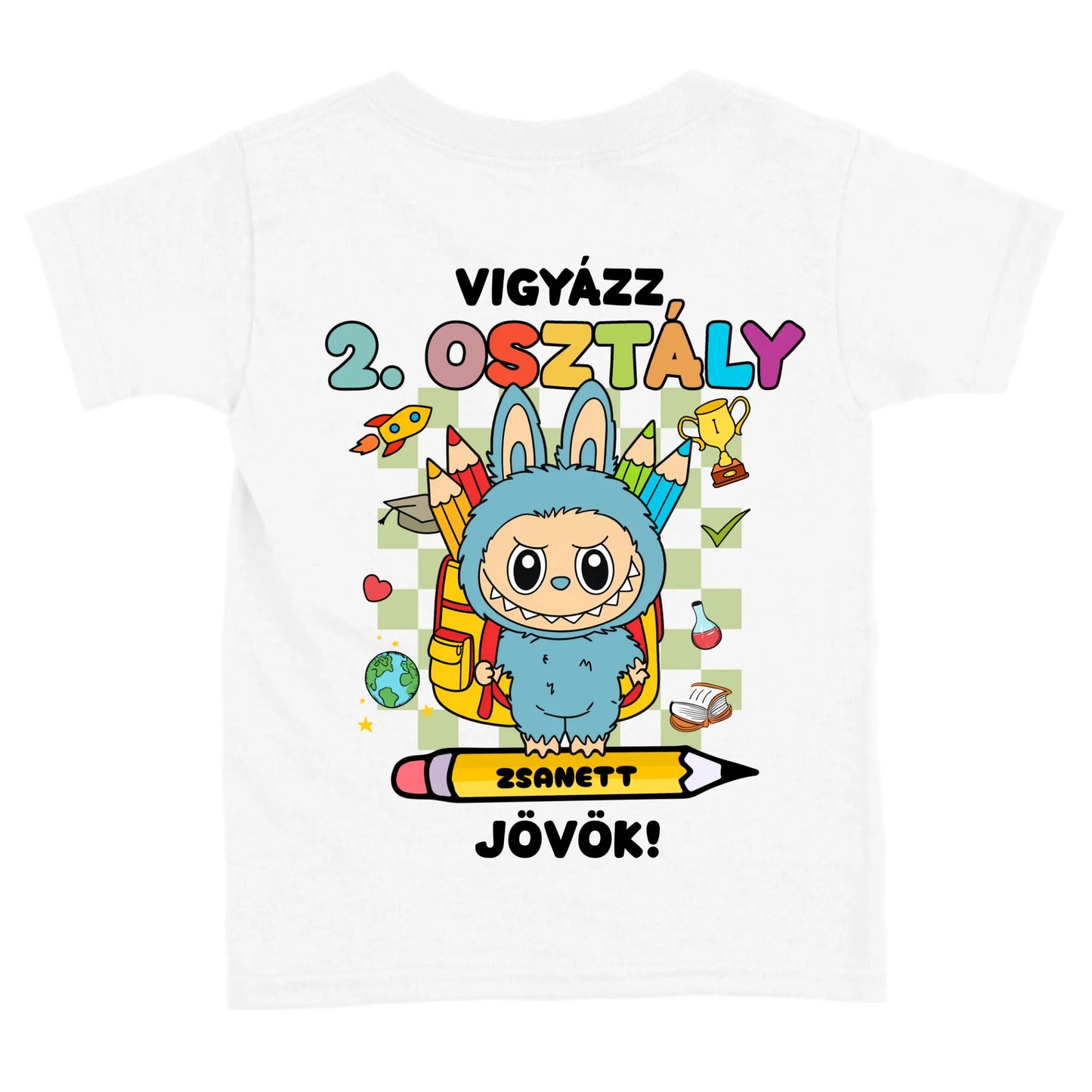 Egyedi vigyázz osztály jövök gyerek póló - Labubu karakterrel