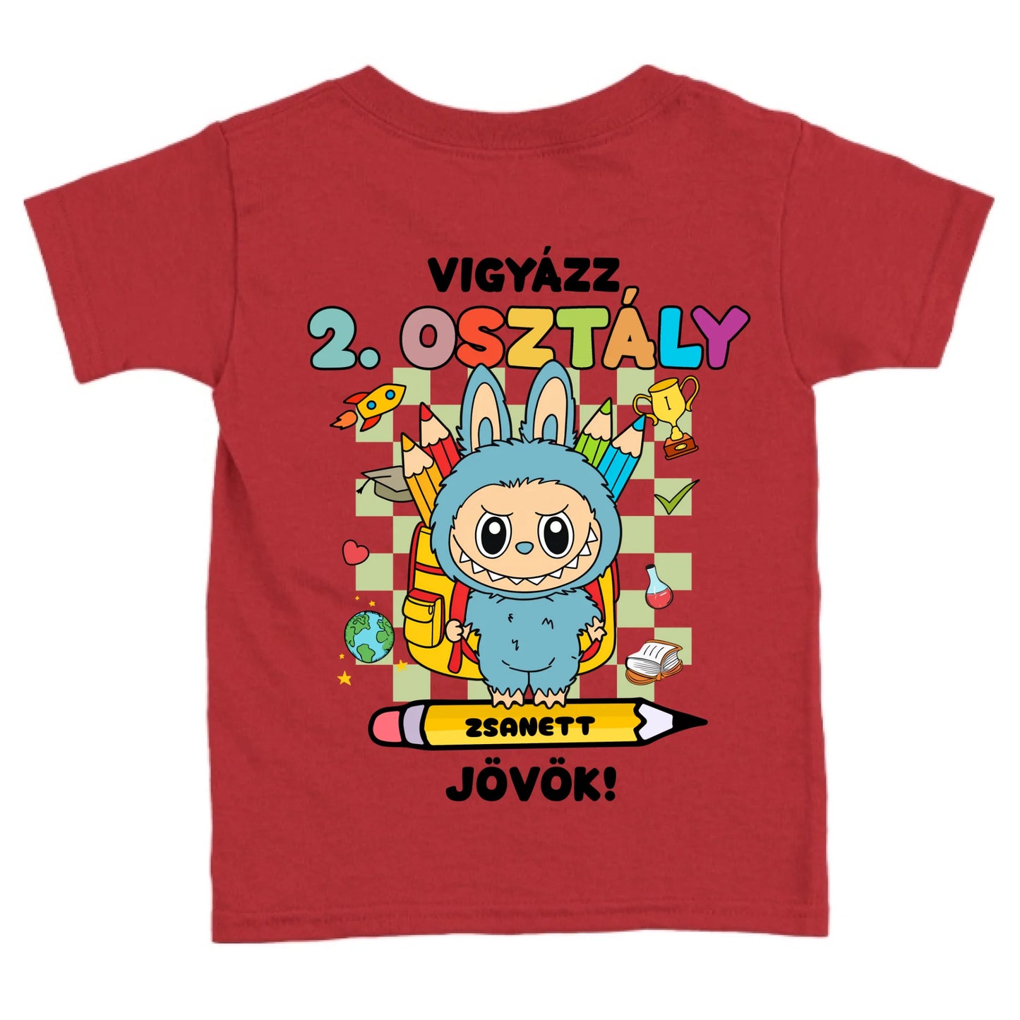 Egyedi vigyázz osztály jövök gyerek póló - Labubu karakterrel