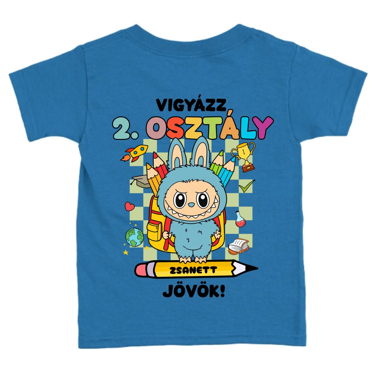 Egyedi vigyázz osztály jövök gyerek póló - Labubu karakterrel