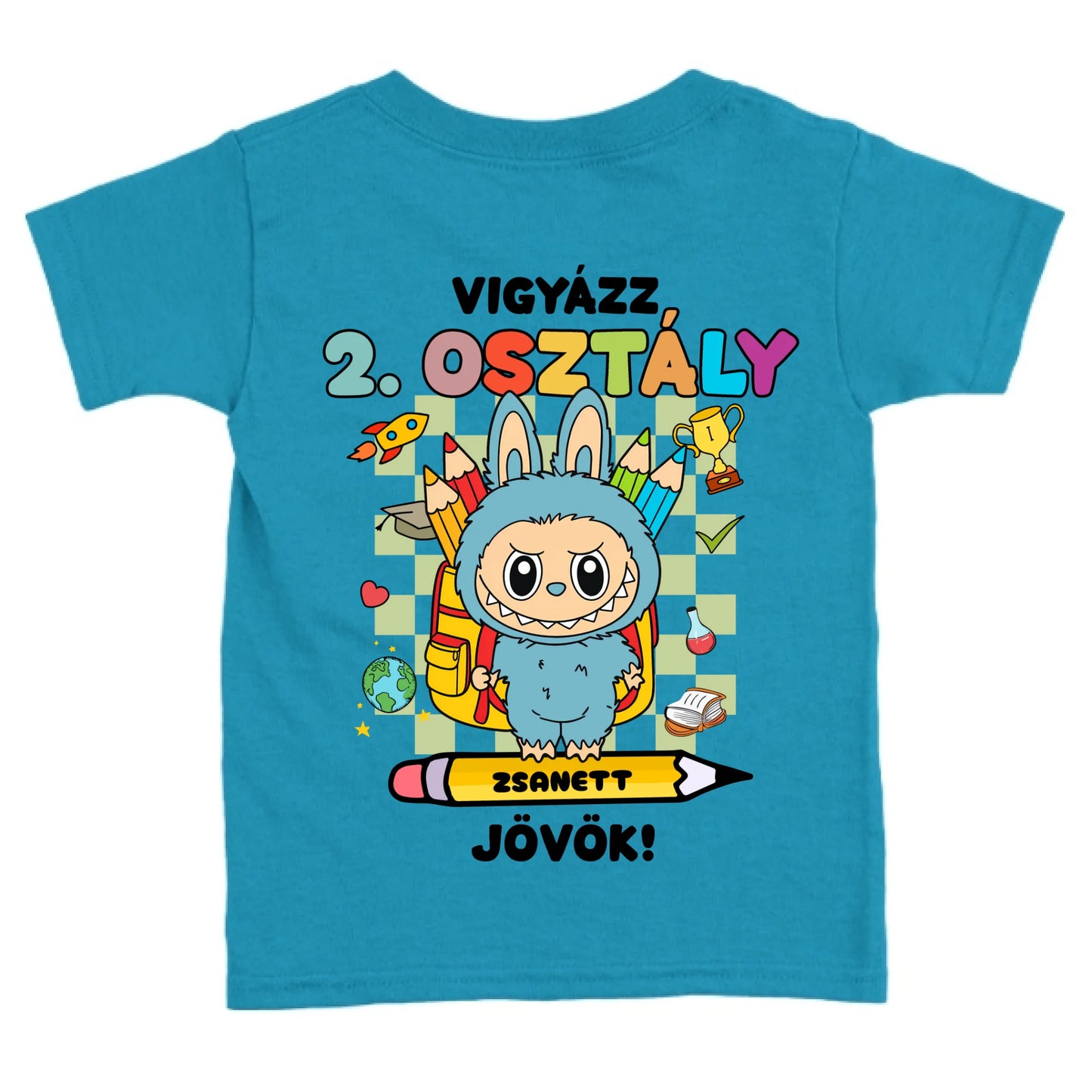 Egyedi vigyázz osztály jövök gyerek póló - Labubu karakterrel