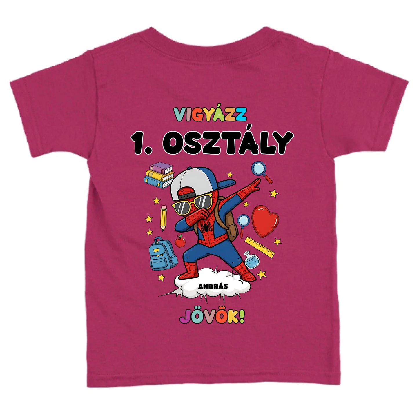 Egyedi vigyázz osztály jövök gyerek póló - szuperhős karakterrel