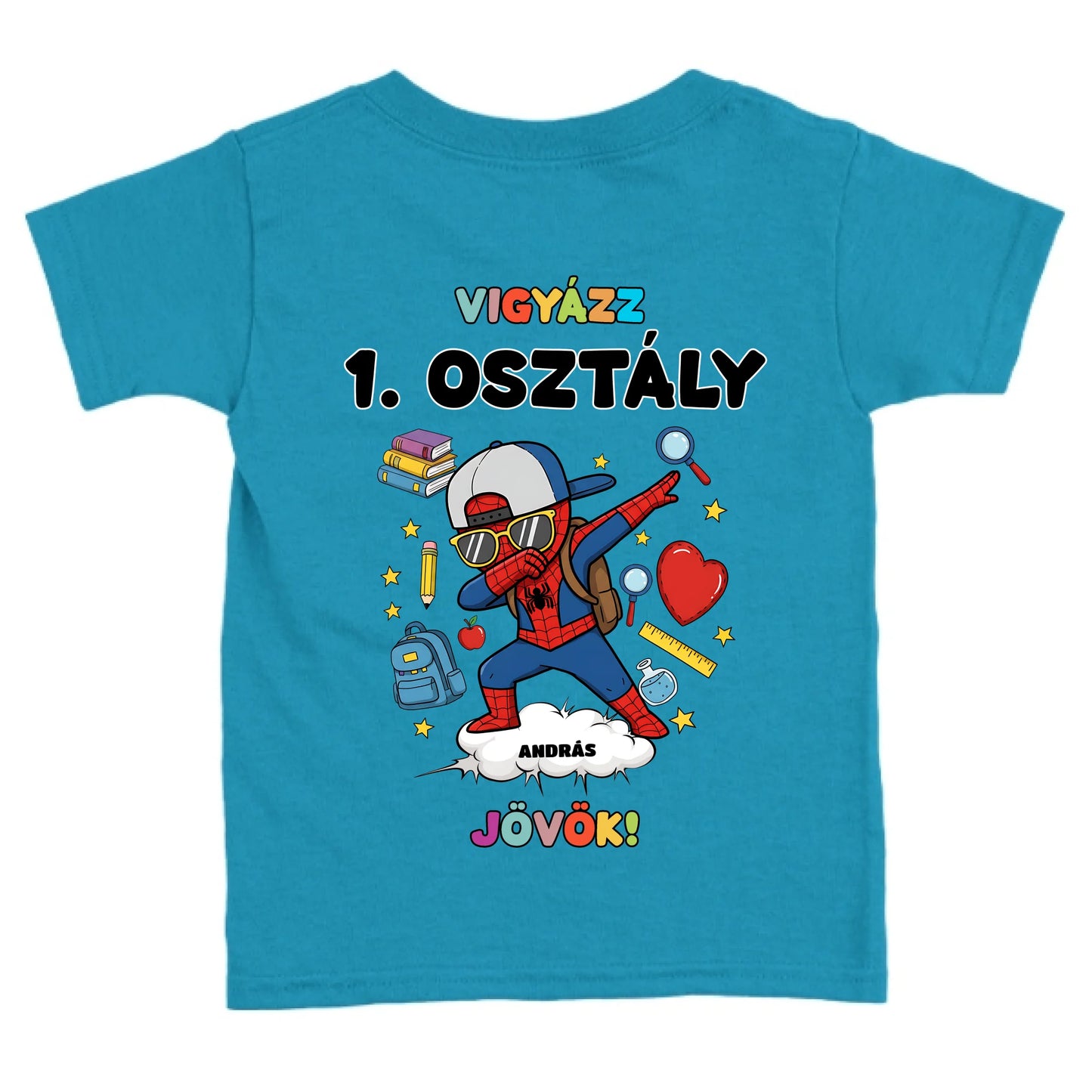 Egyedi vigyázz osztály jövök gyerek póló - szuperhős karakterrel