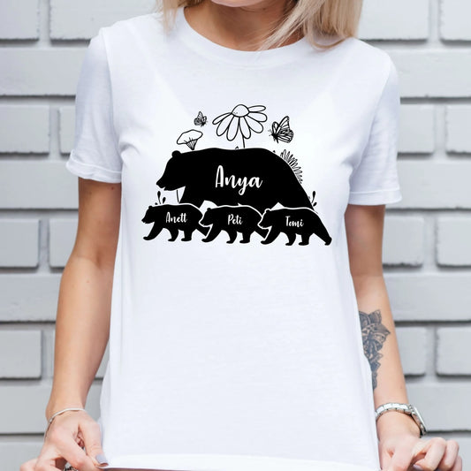Mama medve egyedi névvel akár 6 kis medvével - női póló