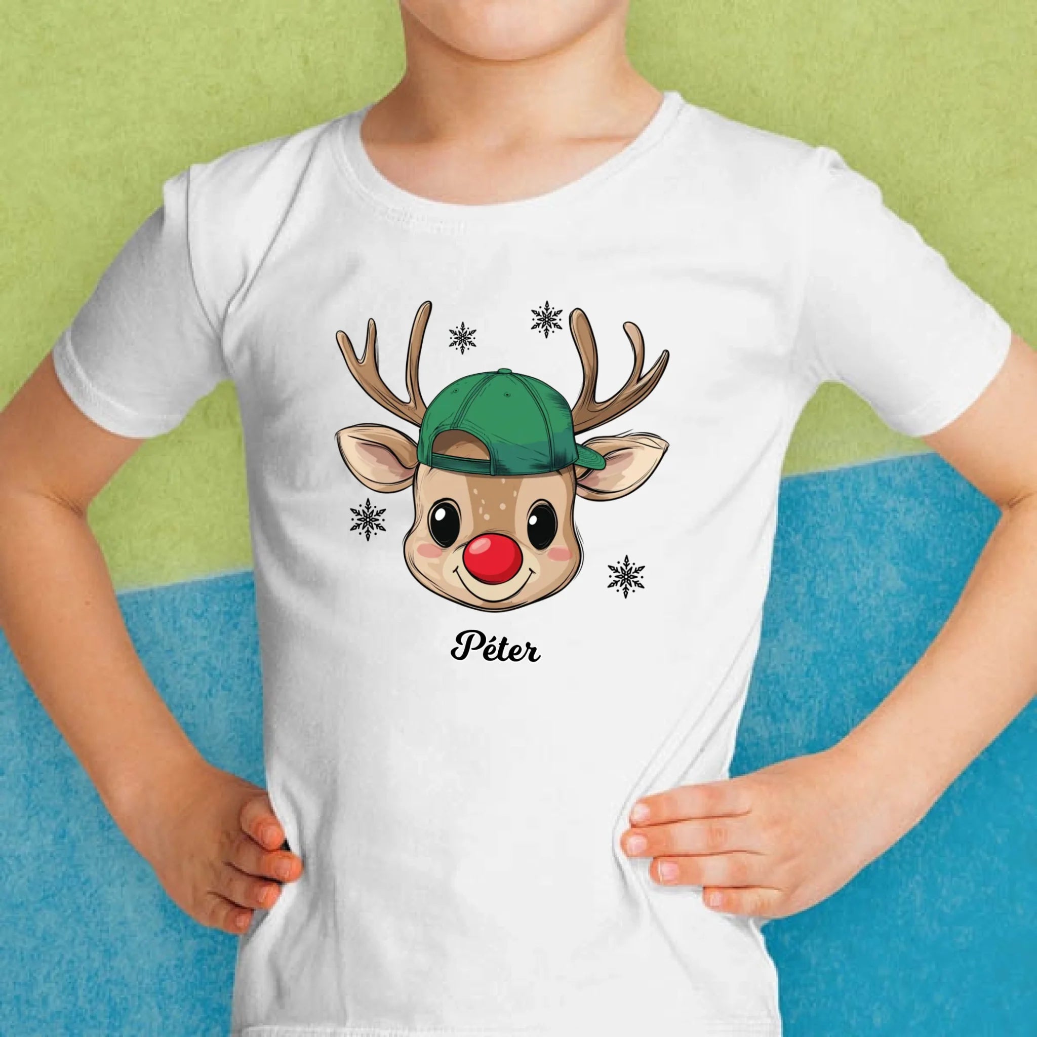 Rénszarvas fiú és lány karakterrel, gyerek unisex póló egyedi névvel