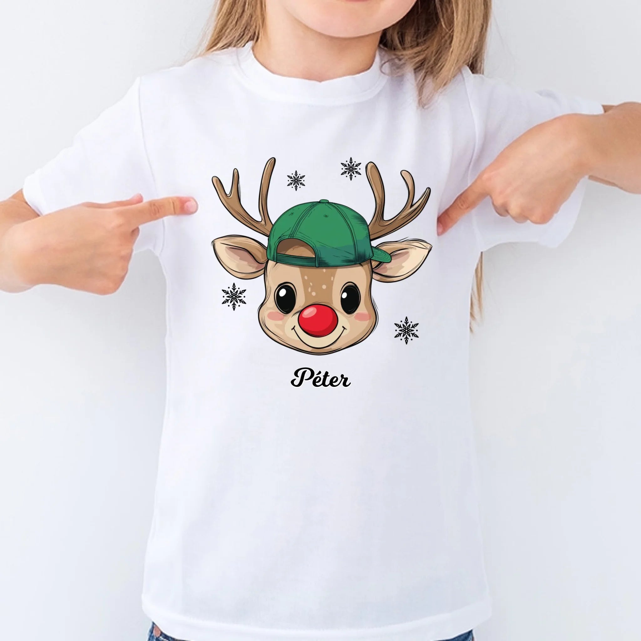 Rénszarvas fiú és lány karakterrel, gyerek unisex póló egyedi névvel