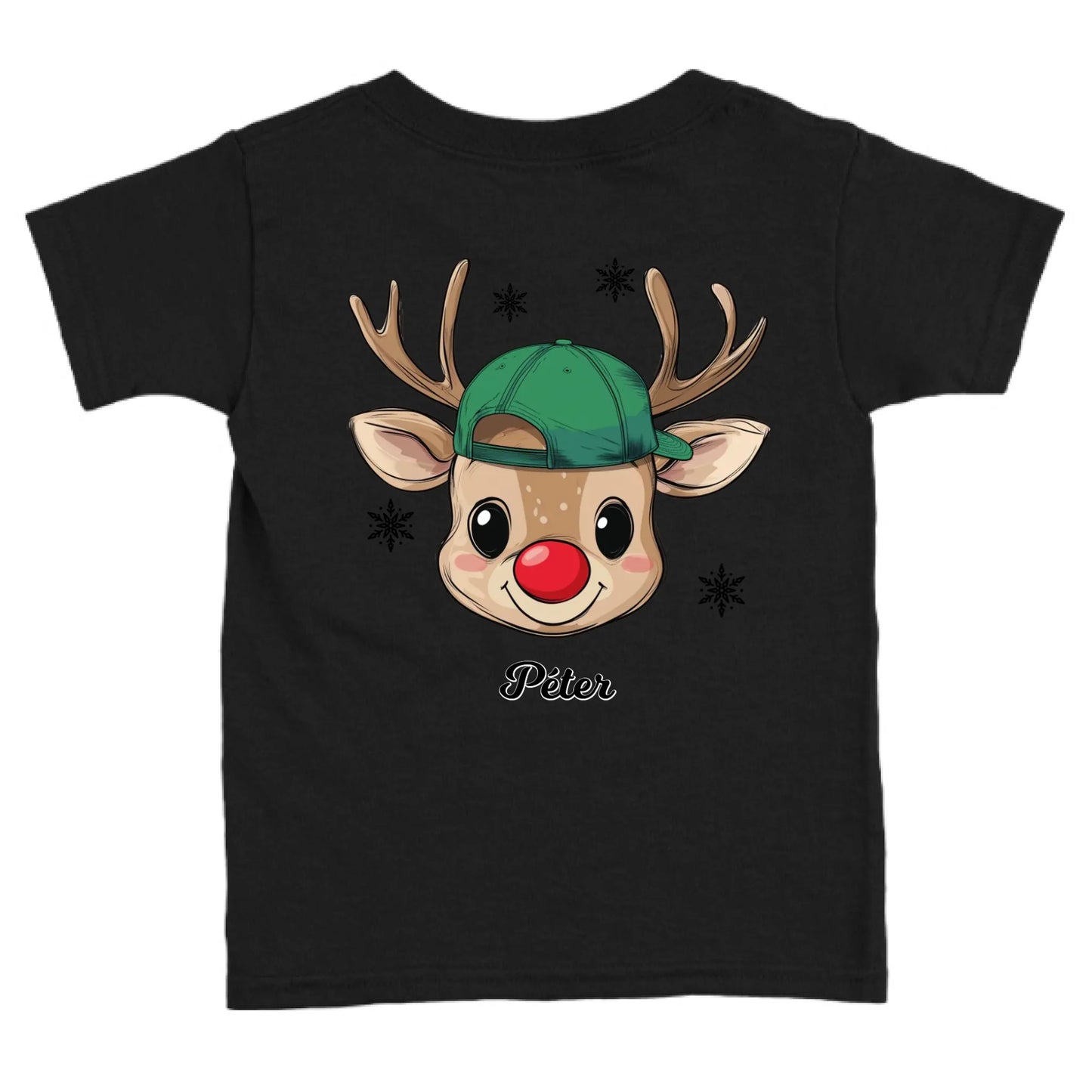 Rénszarvas fiú és lány karakterrel, gyerek unisex póló egyedi névvel