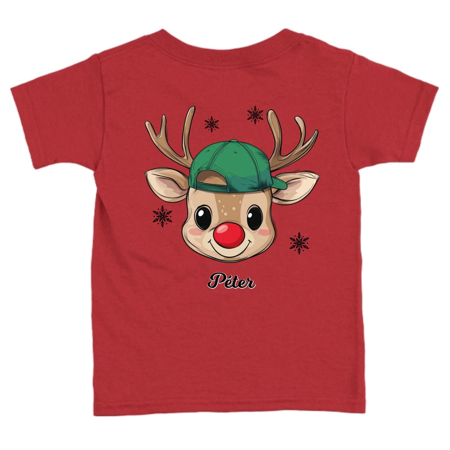 Rénszarvas fiú és lány karakterrel, gyerek unisex póló egyedi névvel