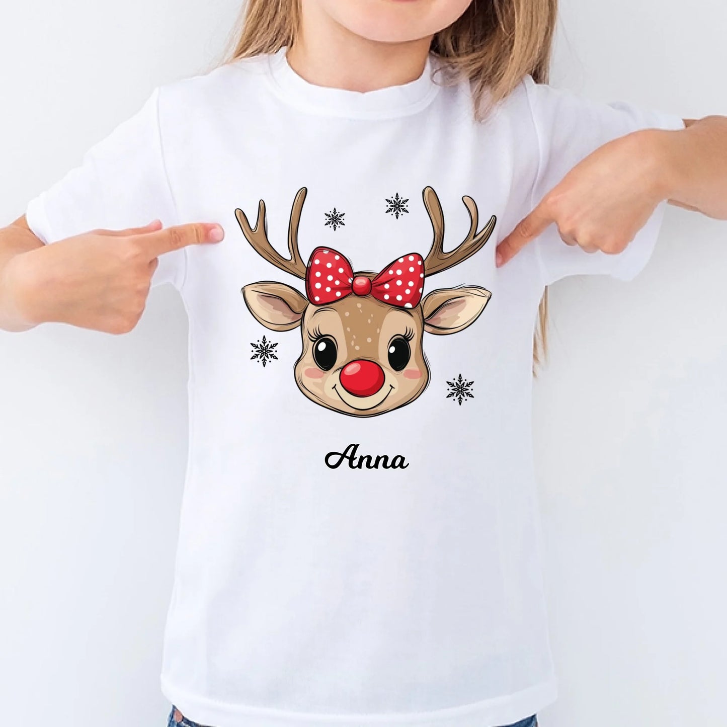 Rénszarvas lány és fiú karakterrel, gyerek unisex póló egyedi névvel