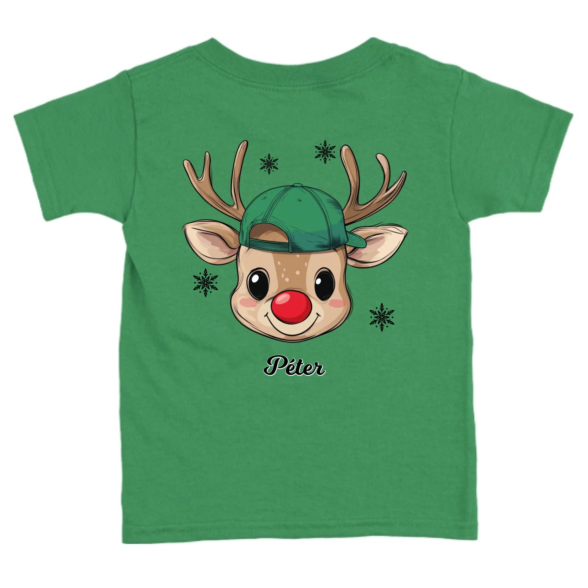 Rénszarvas fiú és lány karakterrel, gyerek unisex póló egyedi névvel