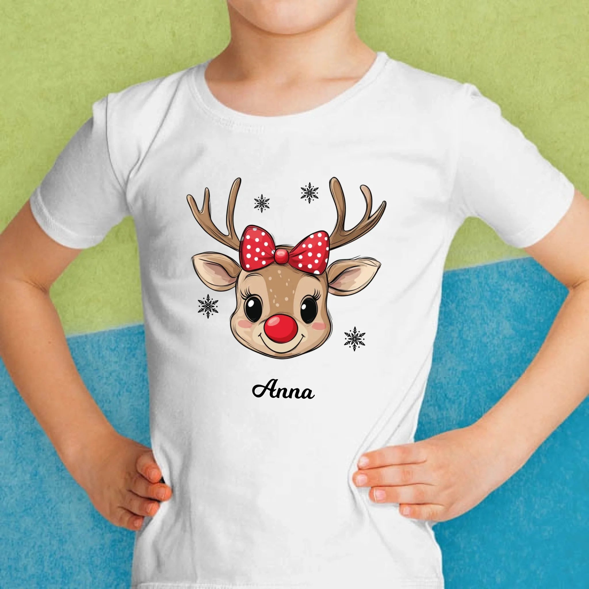 Rénszarvas lány és fiú karakterrel, gyerek unisex póló egyedi névvel