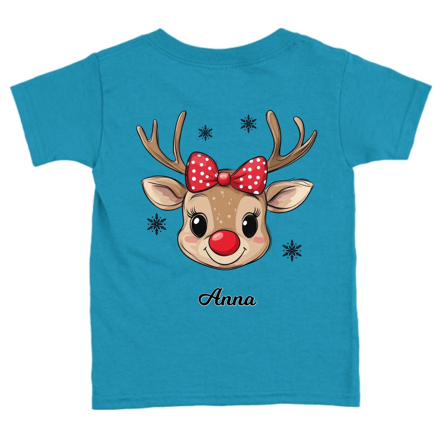 Rénszarvas lány és fiú karakterrel, gyerek unisex póló egyedi névvel