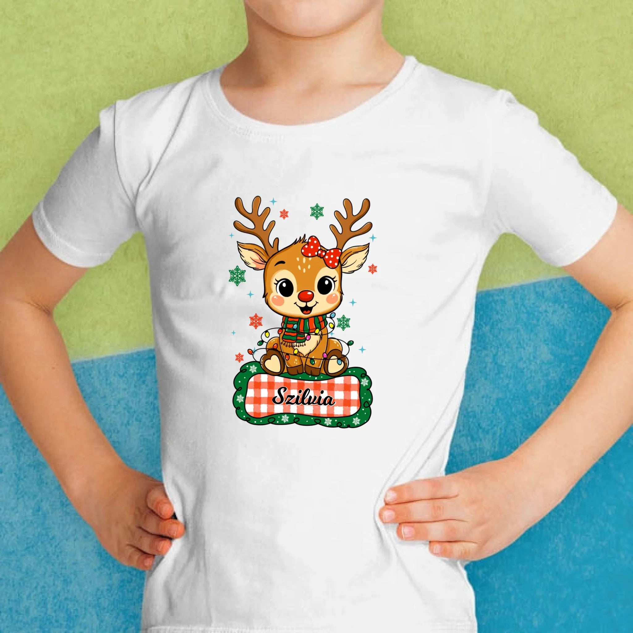 Szarvas lány és fiú karakterrel, gyerek unisex póló egyedi névvel