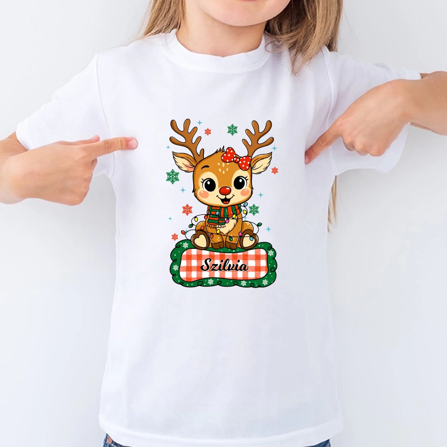 Szarvas lány és fiú karakterrel, gyerek unisex póló egyedi névvel