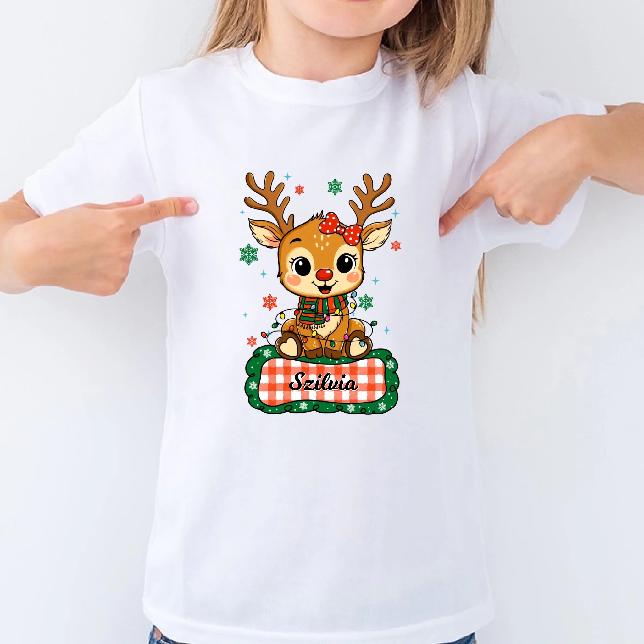 Szarvas lány és fiú karakterrel, gyerek unisex póló egyedi névvel