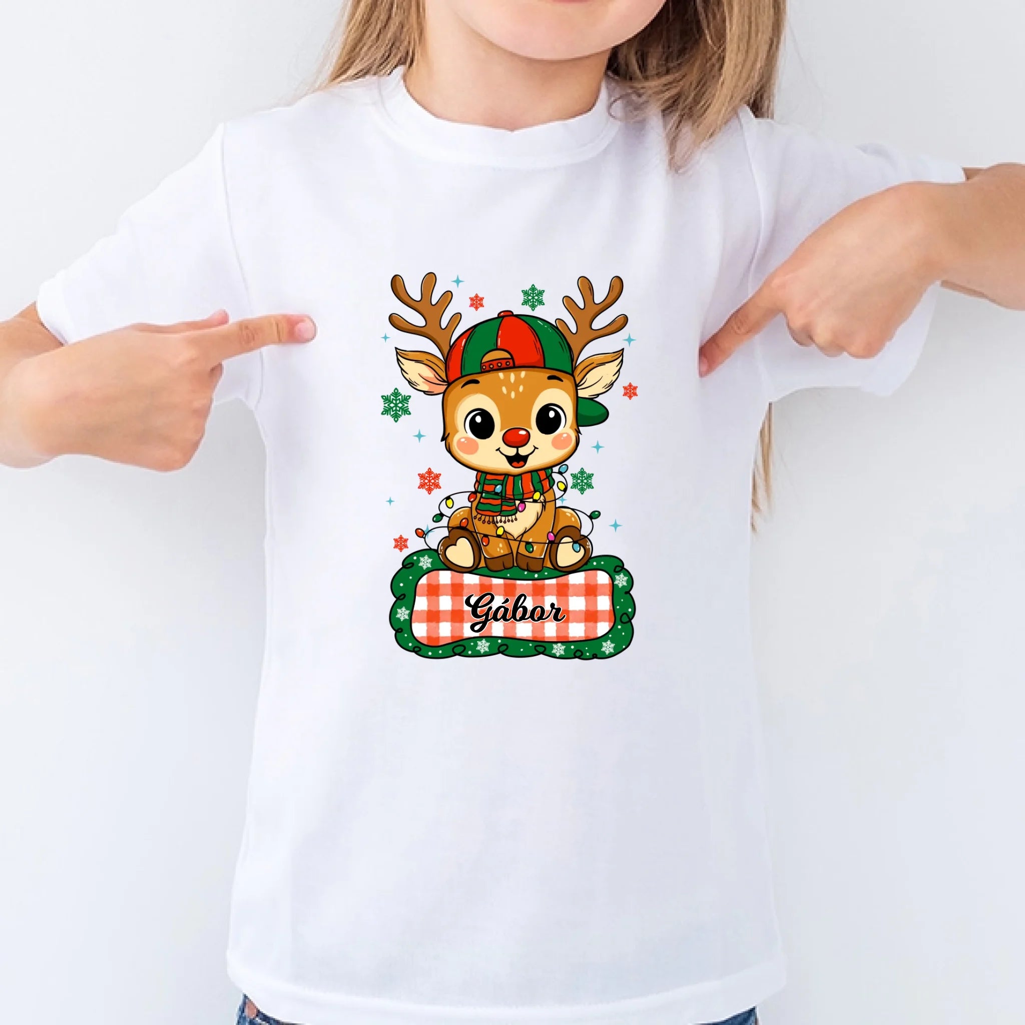 Szarvas fiú és lány karakterrel, gyerek unisex póló egyedi névvel